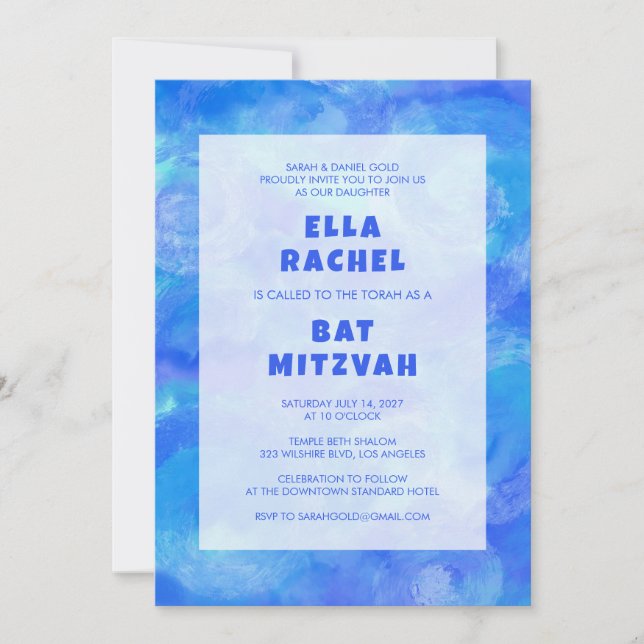 Watercolor Swirls Blue Custom Bar Bat Mitzvah Invitation (Front)