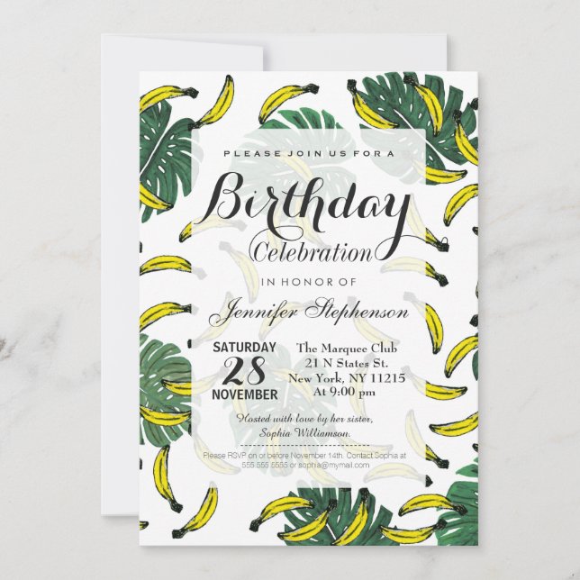 Watercolor Swiss Cheese Plant and Bananas Invitation (Front)