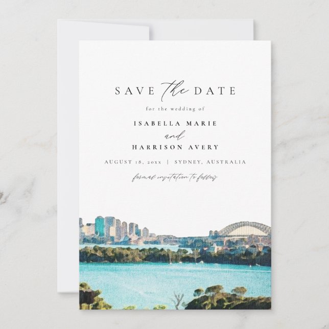 Watercolor Sydney Australia Skyline Save the Date Invitation (Front)