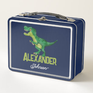 Watercolor T-rex Dinosaur with Custom Kids Name Metal Lunch Box