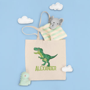 Watercolor T-rex Dinosaur with Custom Kids Name Tote Bag