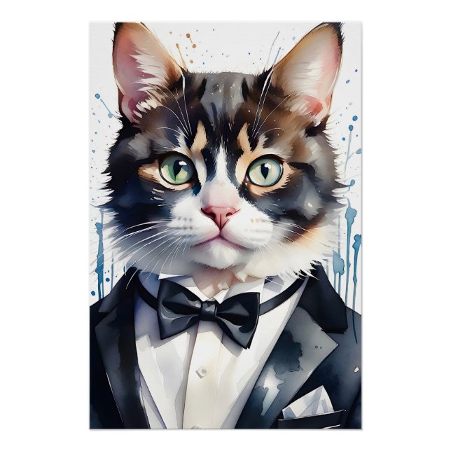 Watercolor Tabby Cat in a Tuxedo and Black Bow Tie Poster (Front)
