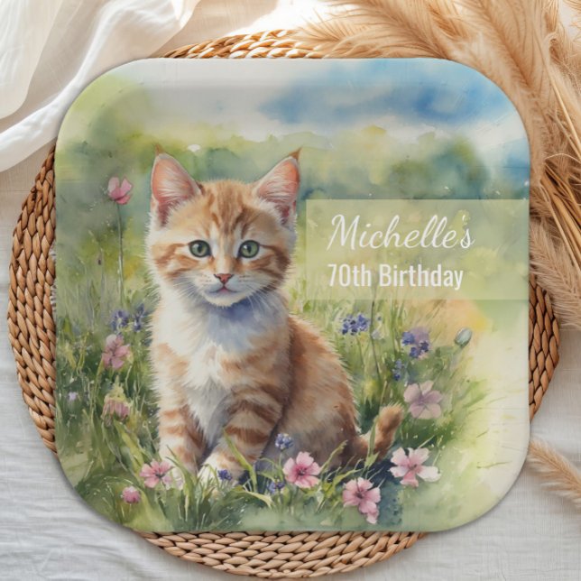 Watercolor Tabby Cat Pet Meadow 70th Birthday Paper Plate (Cat 70th birthday party paper plate)