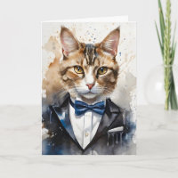 Watercolor Tabby Cat Tuxedo and Blue Bow Tie Blank