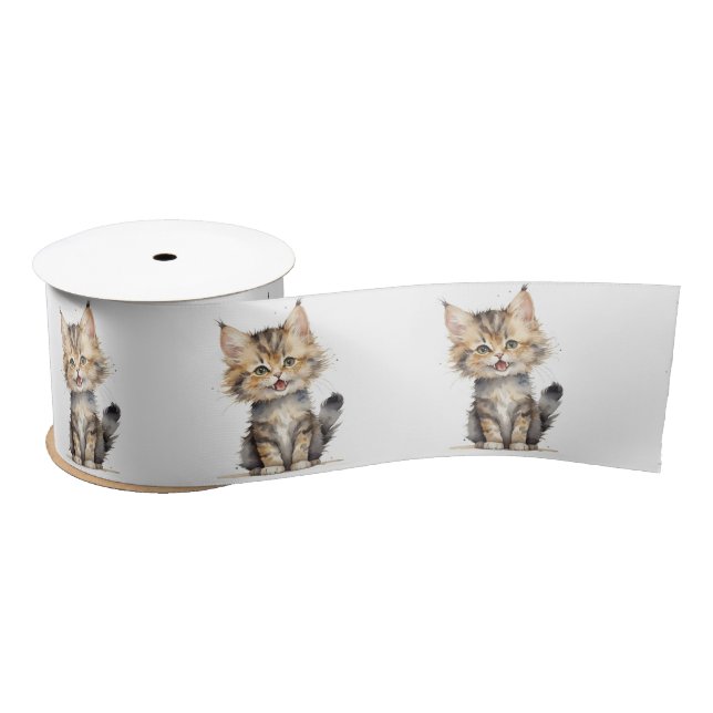 Watercolor Tabby Kitten On White Satin Ribbon (Spool)