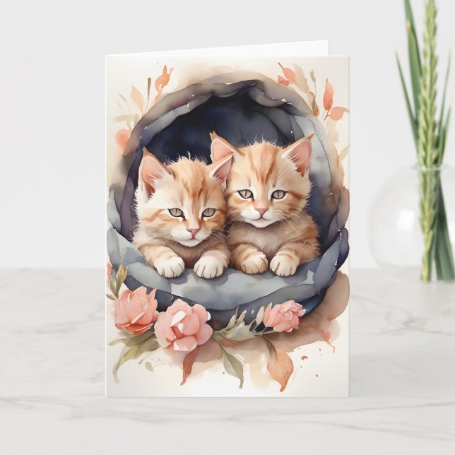 Watercolor Tabby Kittens Brothers Flowers Blank Card (Front)