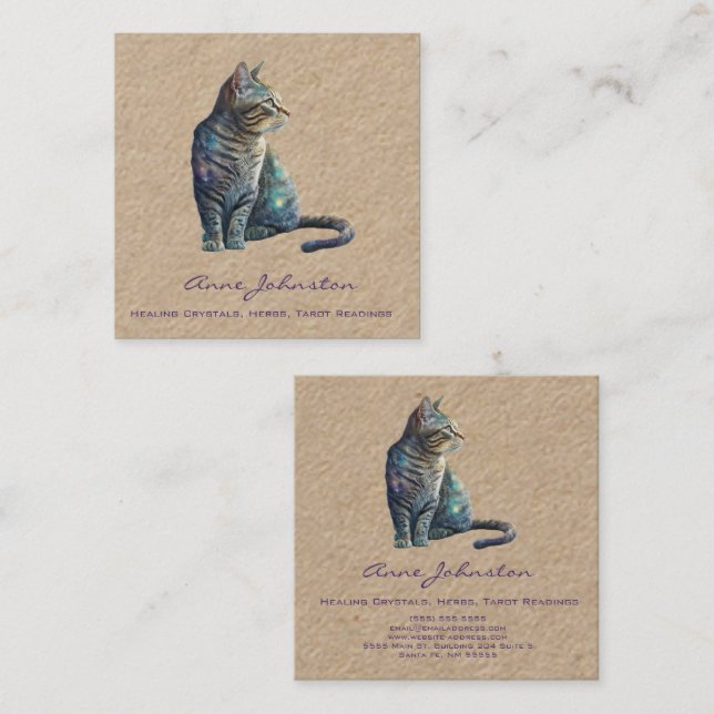 Watercolor Tabby Kitty Square Business Card (Front/Back)