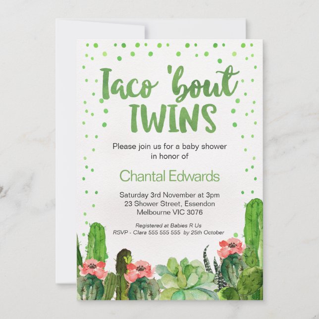 Watercolor Taco 'Bout Twins Fiesta Baby Shower Invitation (Front)