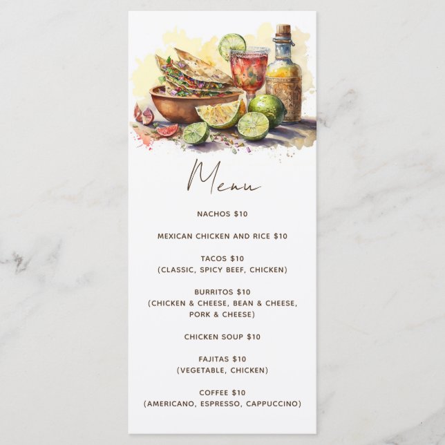 Watercolor tacos fiesta party. Mexican food cafe Menu (Front)