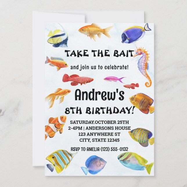 Watercolor Take The Bait Fishing Birthday Invitation (Front)