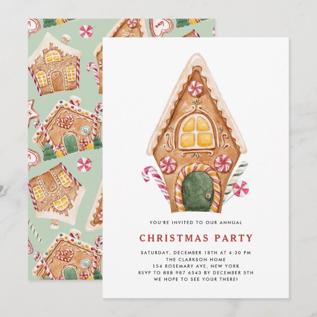 Watercolor Tall Gingerbread House Christmas Party Invitation (Front/Back)
