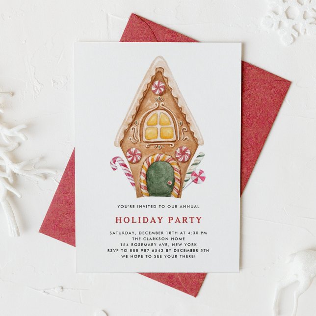 Watercolor Tall Gingerbread House Holiday Party Invitation (Creator Uploaded)