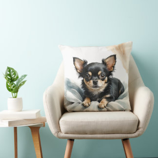 WATERCOLOR TAN & BLACK LONG HAIRED CHIHUAHUA DOG CUSHION