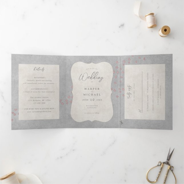 watercolor tandem bike with hearts wedding  Tri-Fold invitation (Inside)