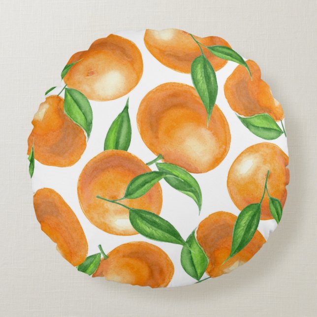 Watercolor tangerines round cushion (Front)