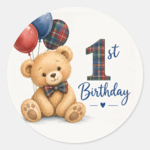 Watercolor Tartan Teddy Bear 1st Birthday Classic Round Sticker