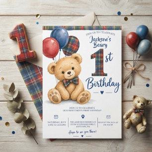 Watercolor Tartan Teddy Bear 1st Birthday Invitation