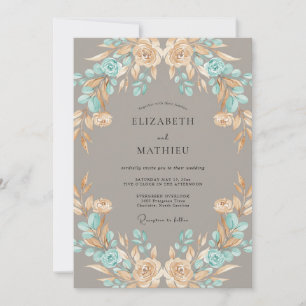 Watercolor Taupe Aqua Wreath Wedding Invitation