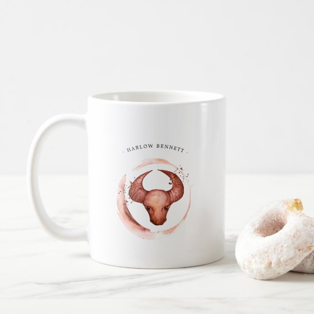 Watercolor Taurus Astrology Zodiac Sign | Monogram Coffee Mug (With Donut)