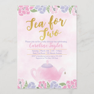 Watercolor Tea for Two Baby Shower Pink Gold Invitation