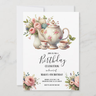 Watercolor Tea Party Cute Kids Birthday Invitation