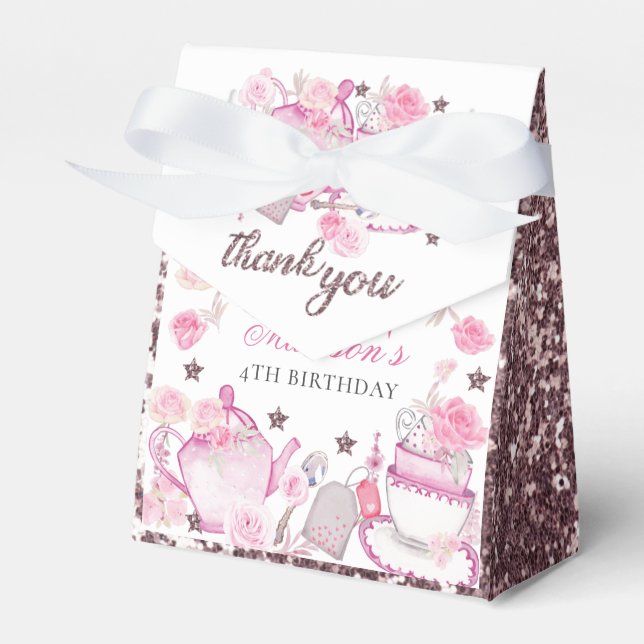 Watercolor Tea Party Personalised Pink Glitter Favour Box (Front Side)