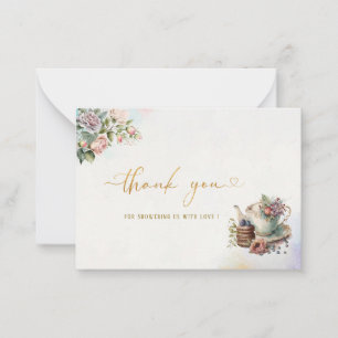 Watercolor tea party pink gold   thank you card