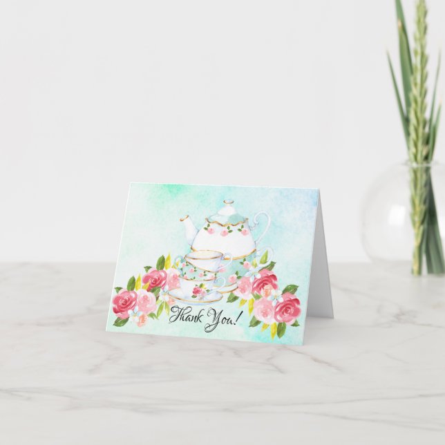 Watercolor Tea Party Shower Thank You Card (Front)