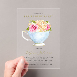 Watercolor Teacup Botanical Retirement Tea Party Acrylic Invitations