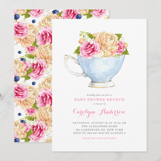 Watercolor Teacup Bouquet Flowers Baby Shower Invitation (Front/Back)