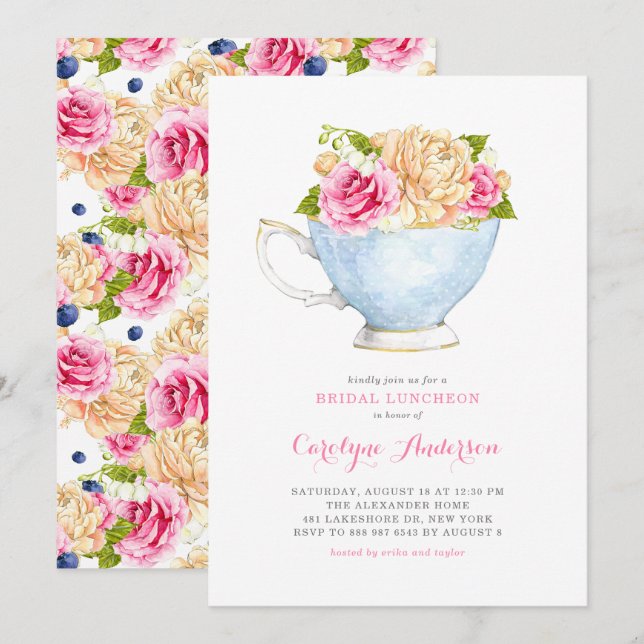 Watercolor Teacup Bouquet Flowers Bridal Luncheon Invitation (Front/Back)