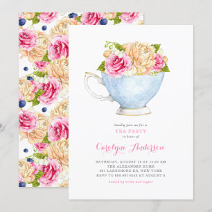 Watercolor Teacup Bouquet Flowers Tea Party Invitation