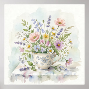Watercolor Teacup Bouquet Wildflowers and Lavender Poster