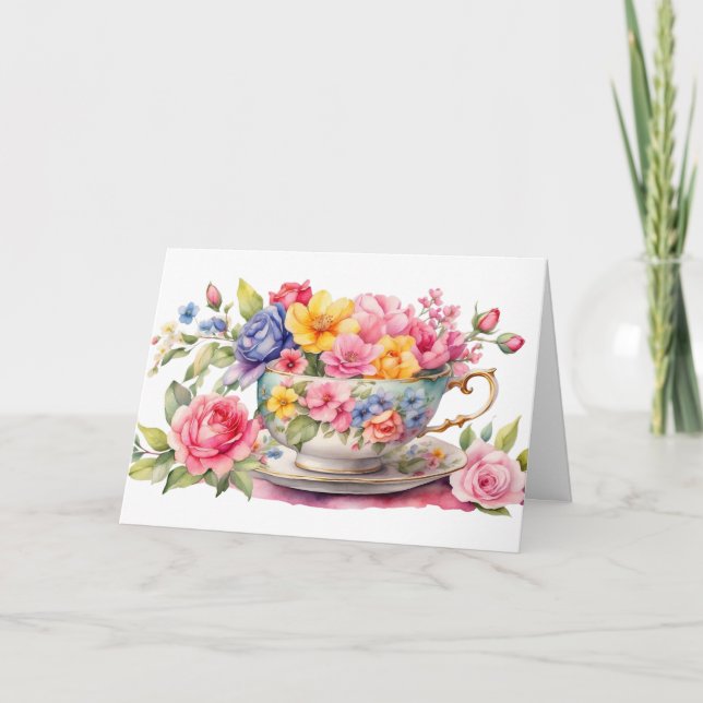 Watercolor Teacup with Beautiful Flowers  Card (Front)