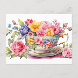 Watercolor Teacup with Beautiful Flowers Postcard