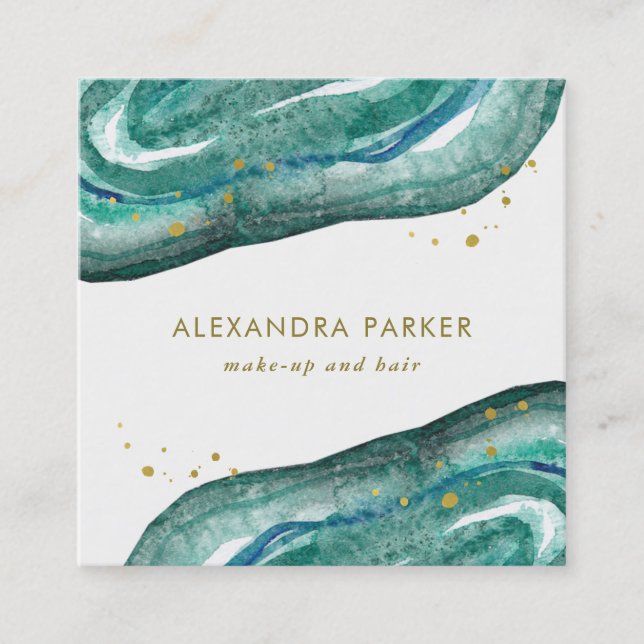 Watercolor Teal and Faux Gold Geode | Square Business Card (Front)