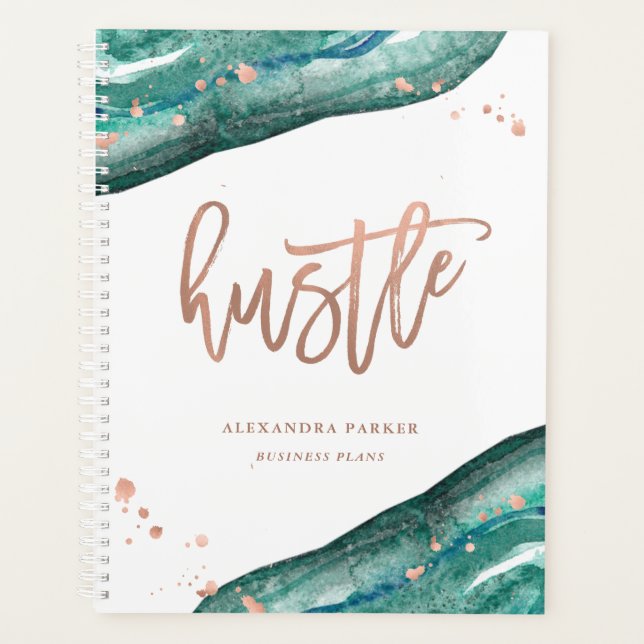 Watercolor Teal and Faux Rose Gold Geode | Hustle Planner (Front)