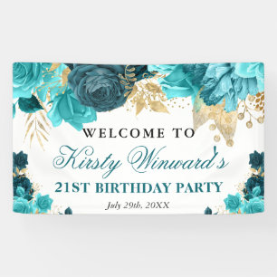 Watercolor Teal and Gold Flowers Birthday Banner