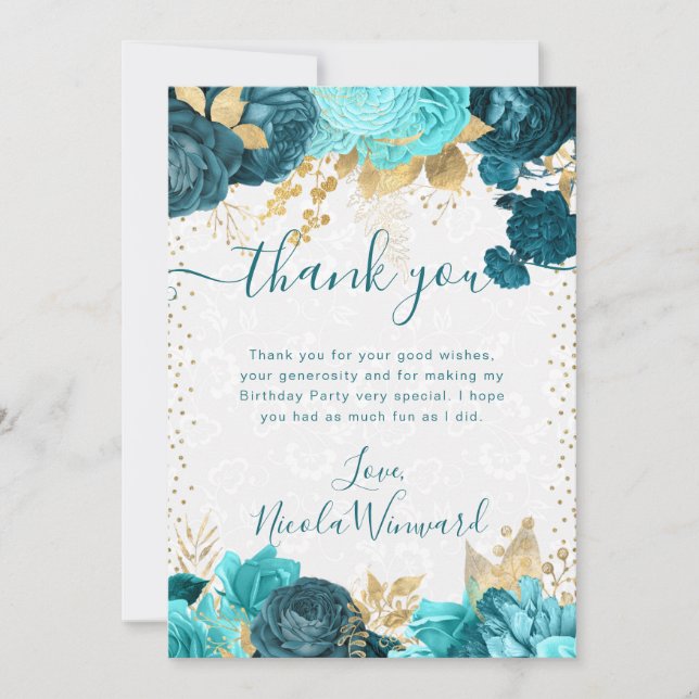 Watercolor Teal and Gold Flowers Birthday Thank You Card (Front)