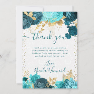 Watercolor Teal and Gold Flowers Birthday Thank You Card