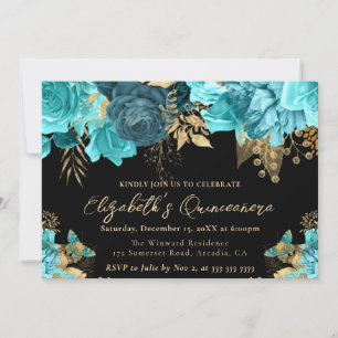 Watercolor Teal and Gold Flowers Quinceanera Invitation
