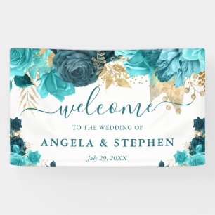 Watercolor Teal and Gold Flowers Wedding Banner
