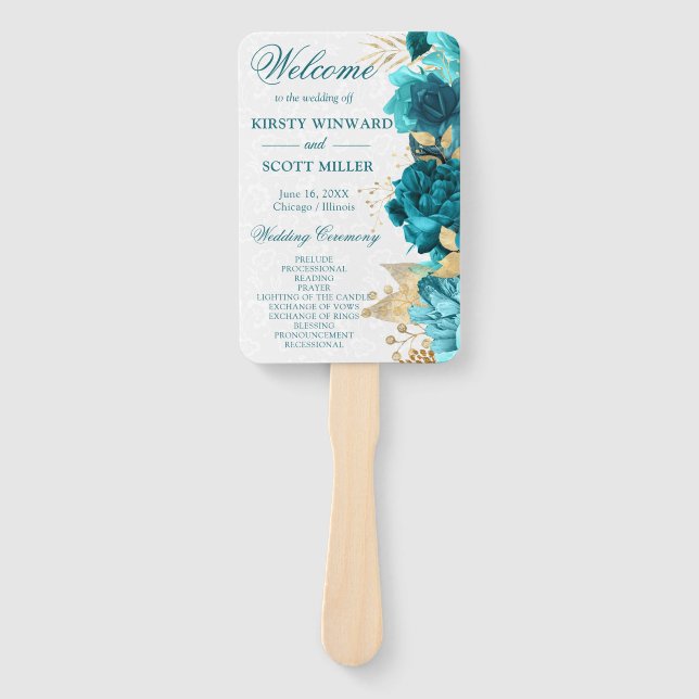 Watercolor Teal and Gold Flowers Wedding Hand Fan (Front)