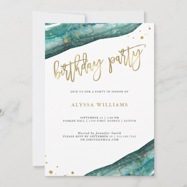 Watercolor Teal and Gold Geode Birthday Party Invitation (Front)