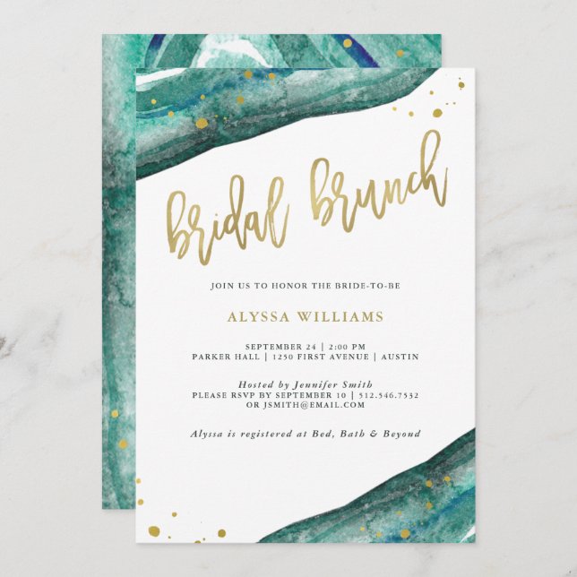 Watercolor Teal and Gold Geode Bridal Brunch Invitation (Front/Back)