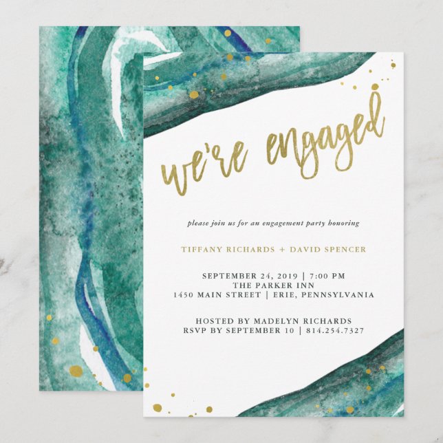 Watercolor Teal and Gold Geode Engagement Party Invitation (Front/Back)