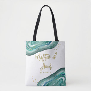 Watercolor Teal and Gold Geode Matron of Honour Tote Bag