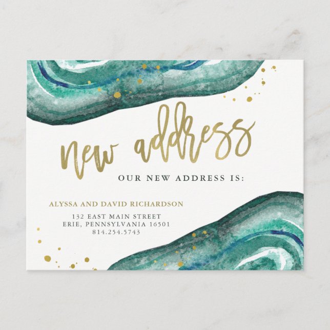Watercolor Teal and Gold Geode | New Address Announcement Postcard (Front)