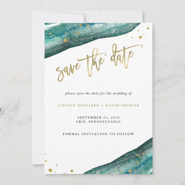 Watercolor Teal and Gold Geode Save the Date (Front)