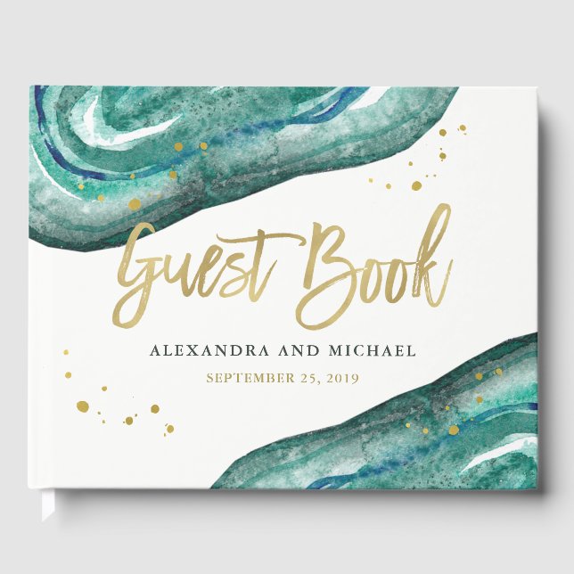 Watercolor Teal and Gold Geode Wedding Guest Book (Front)